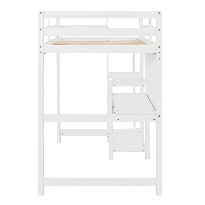 Letto a soppalco in legno di pino con mensole a 3 ripiani, scrivania, lavagna bianca e ringhiere di sicurezza – Bianco/Grigio, singolo/matrimoniale, 1 posto letto