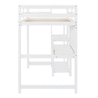 Letto a soppalco in legno di pino con mensole a 3 ripiani, scrivania, lavagna bianca e ringhiere di sicurezza – Bianco/Grigio, singolo/matrimoniale, 1 posto letto