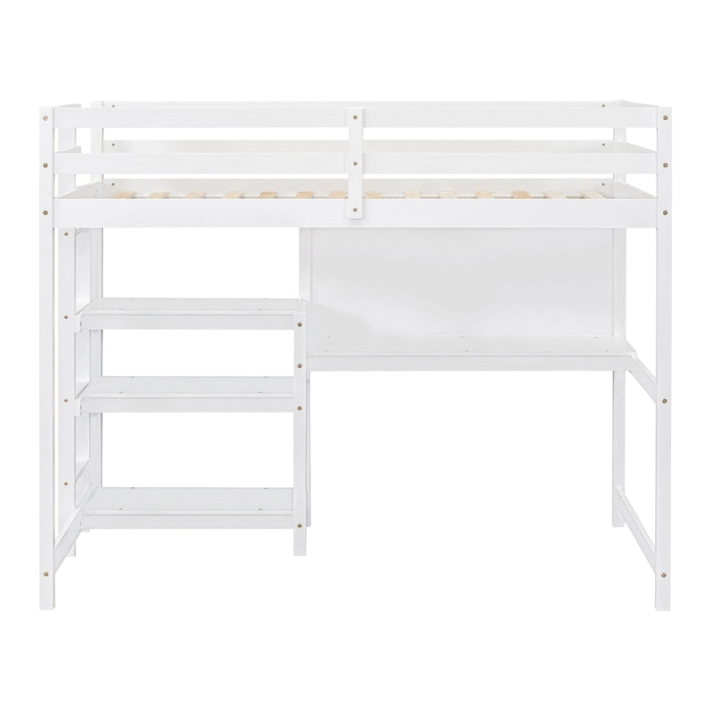 Letto a soppalco in legno di pino con mensole a 3 ripiani, scrivania, lavagna bianca e ringhiere di sicurezza – Bianco/Grigio, singolo/matrimoniale, 1 posto letto