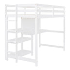 Letto a soppalco in legno di pino con mensole a 3 ripiani, scrivania, lavagna bianca e ringhiere di sicurezza – Bianco/Grigio, singolo/matrimoniale, 1 posto letto