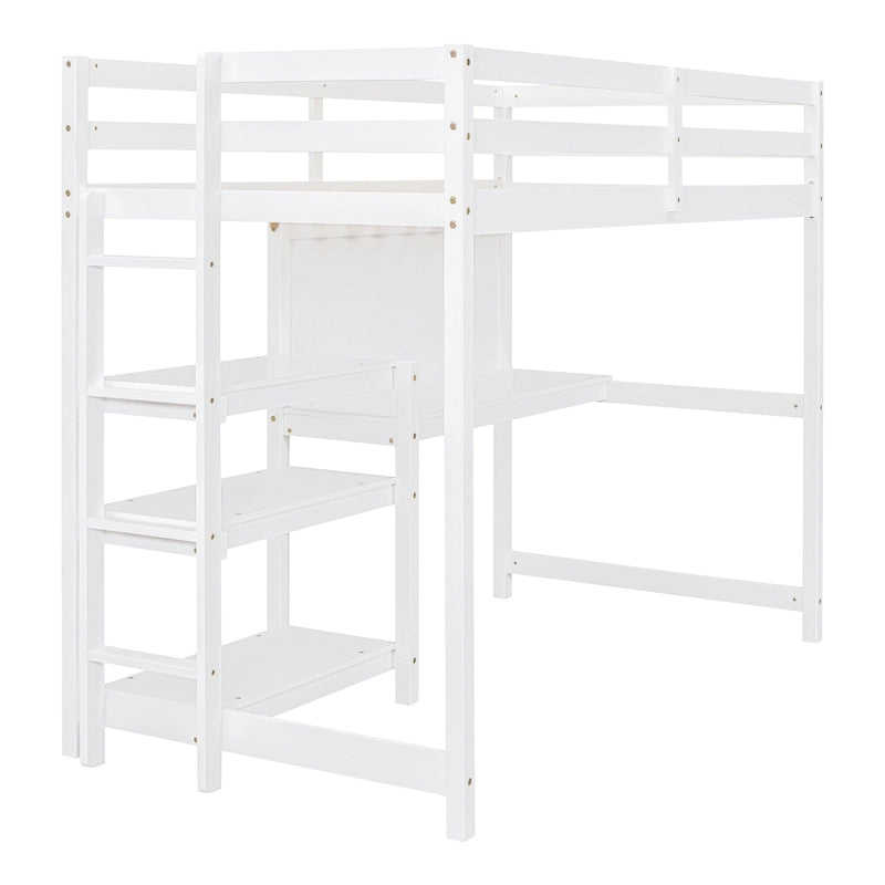 Letto a soppalco in legno di pino con mensole a 3 ripiani, scrivania, lavagna bianca e ringhiere di sicurezza – Bianco/Grigio, singolo/matrimoniale, 1 posto letto