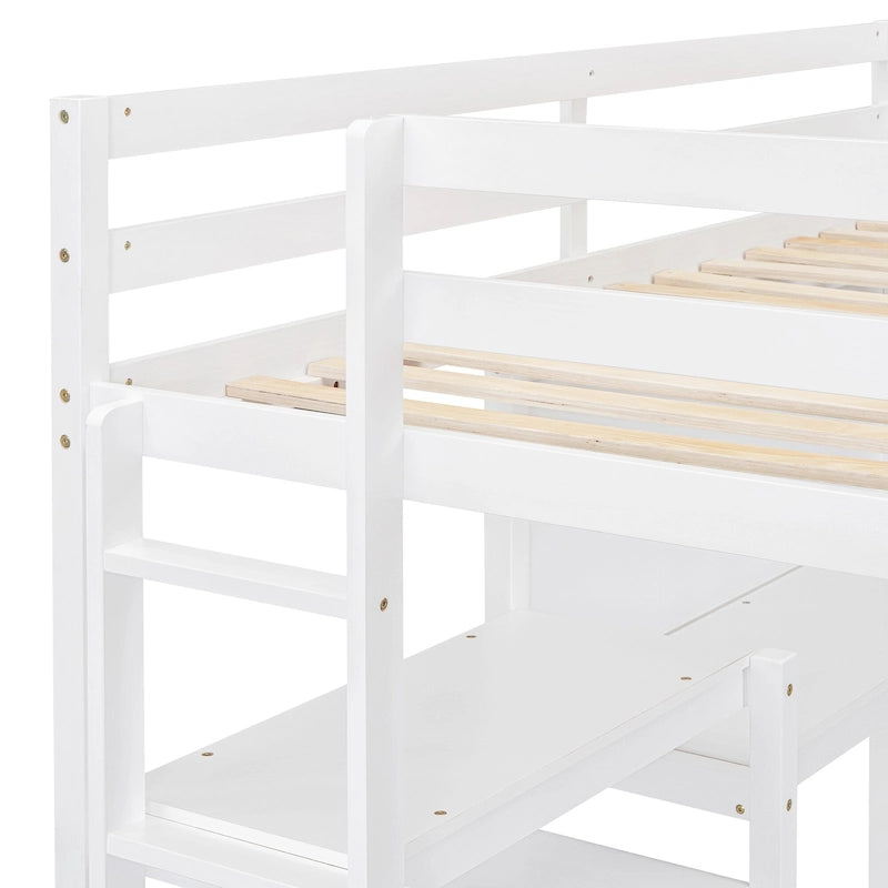 Letto a soppalco in legno di pino con mensole a 3 ripiani, scrivania, lavagna bianca e ringhiere di sicurezza – Bianco/Grigio, singolo/matrimoniale, 1 posto letto