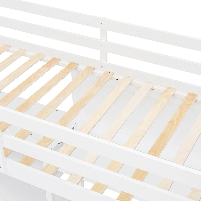 Letto a soppalco in legno di pino con mensole a 3 ripiani, scrivania, lavagna bianca e ringhiere di sicurezza – Bianco/Grigio, singolo/matrimoniale, 1 posto letto