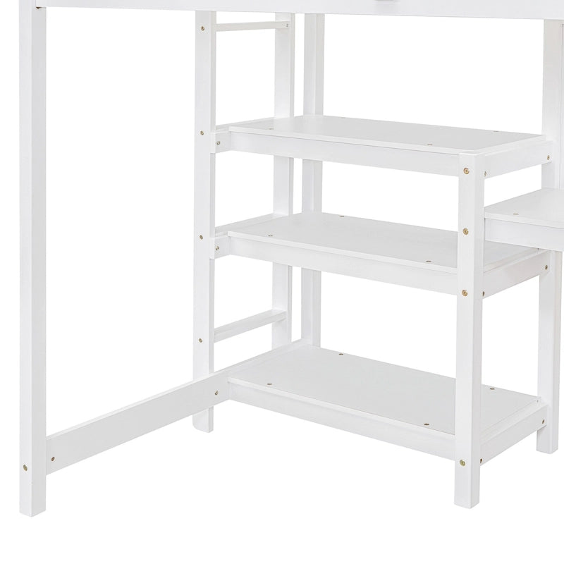 Letto a soppalco in legno di pino con mensole a 3 ripiani, scrivania, lavagna bianca e ringhiere di sicurezza – Bianco/Grigio, singolo/matrimoniale, 1 posto letto