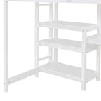 Letto a soppalco in legno di pino con mensole a 3 ripiani, scrivania, lavagna bianca e ringhiere di sicurezza – Bianco/Grigio, singolo/matrimoniale, 1 posto letto