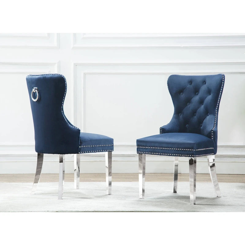 Sedie da pranzo con schienale imbottito a bottoni, borchie e struttura in acciaio – Ecopelle nera / grigia / crema / blu navy / bianca