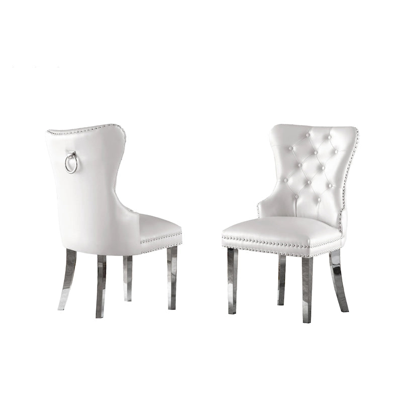 Sedie da pranzo con schienale imbottito a bottoni, borchie e struttura in acciaio – Ecopelle nera / grigia / crema / blu navy / bianca