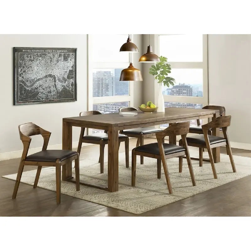 Sedia da pranzo Mid-Century in legno di gomma con seduta in similpelle – Spazzolata castagno