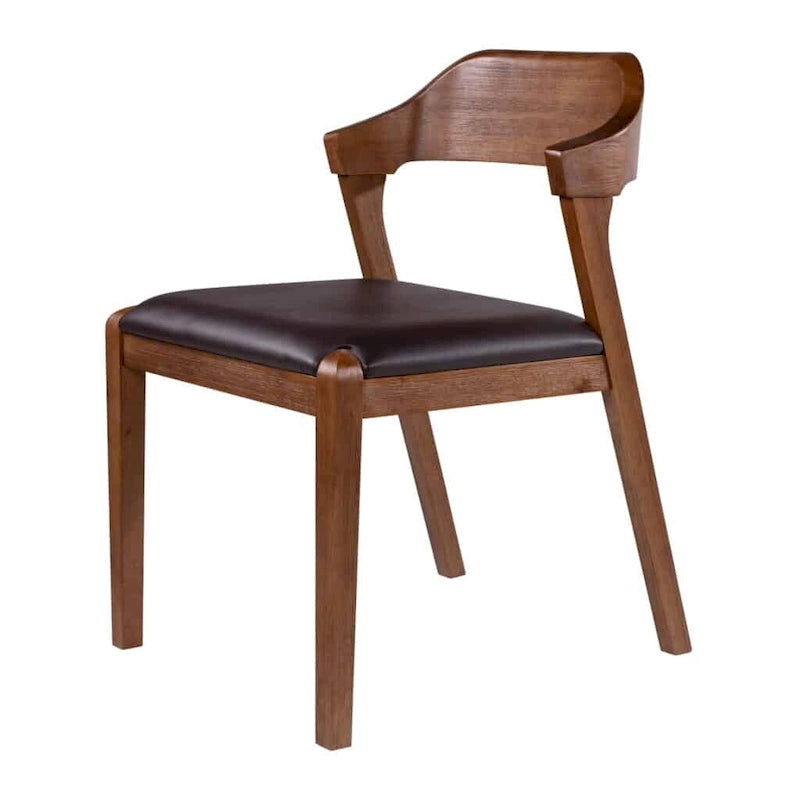 Sedia da pranzo Mid-Century in legno di gomma con seduta in similpelle – Spazzolata castagno