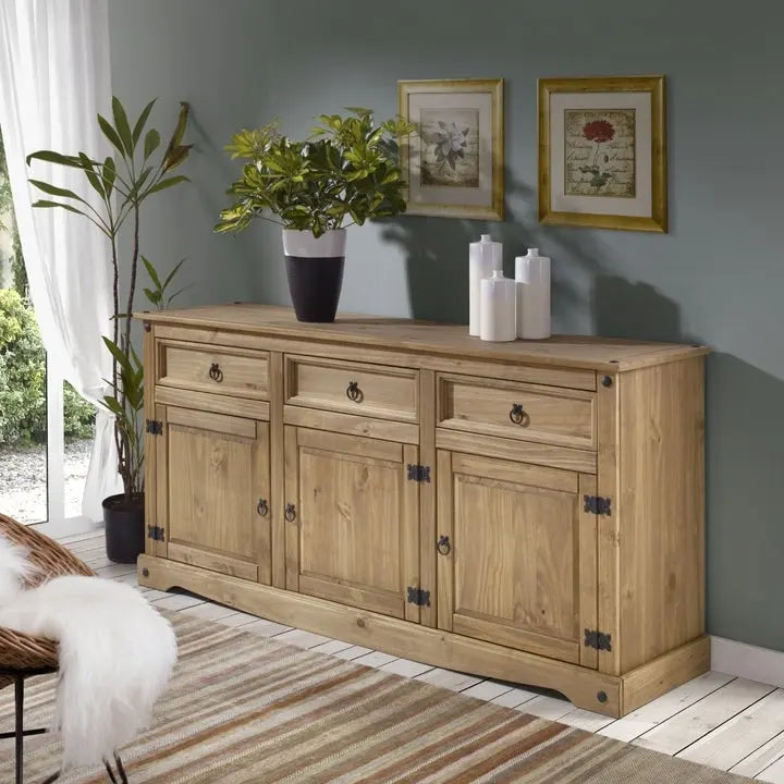 Credenza a buffet in legno massiccio di pino in stile rustico – Marrone antico/Grigio slavato, Singola