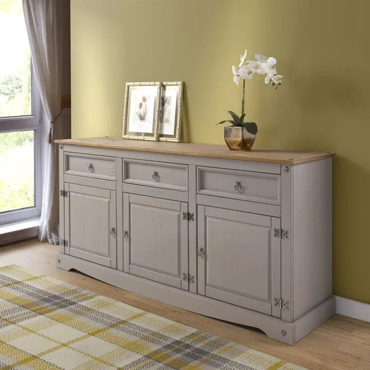 Credenza a buffet in legno massiccio di pino in stile rustico – Marrone antico/Grigio slavato, Singola