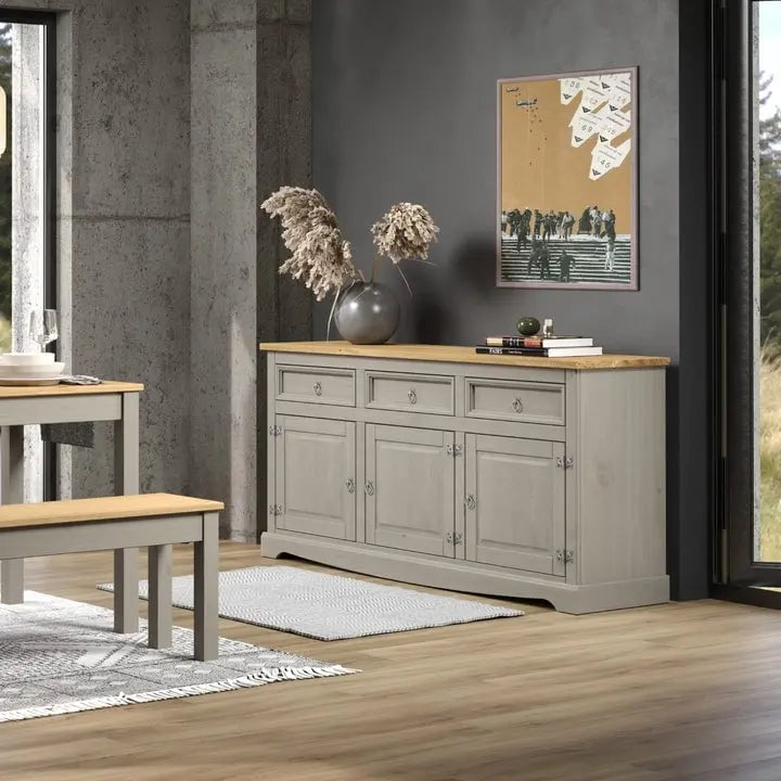 Credenza a buffet in legno massiccio di pino in stile rustico – Marrone antico/Grigio slavato, Singola