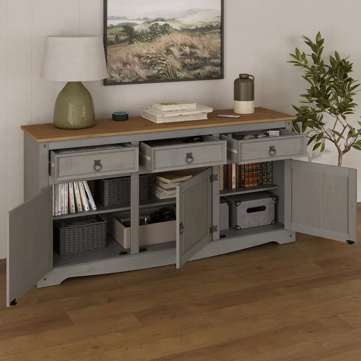 Credenza a buffet in legno massiccio di pino in stile rustico – Marrone antico/Grigio slavato, Singola