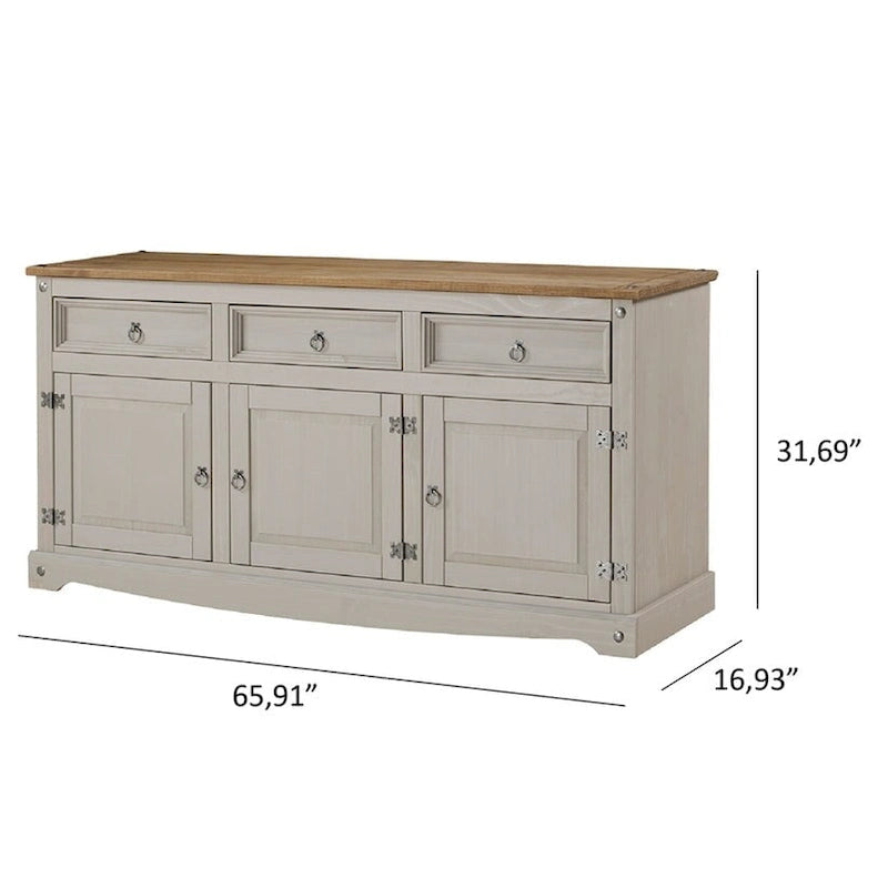 Credenza a buffet in legno massiccio di pino in stile rustico – Marrone antico/Grigio slavato, Singola