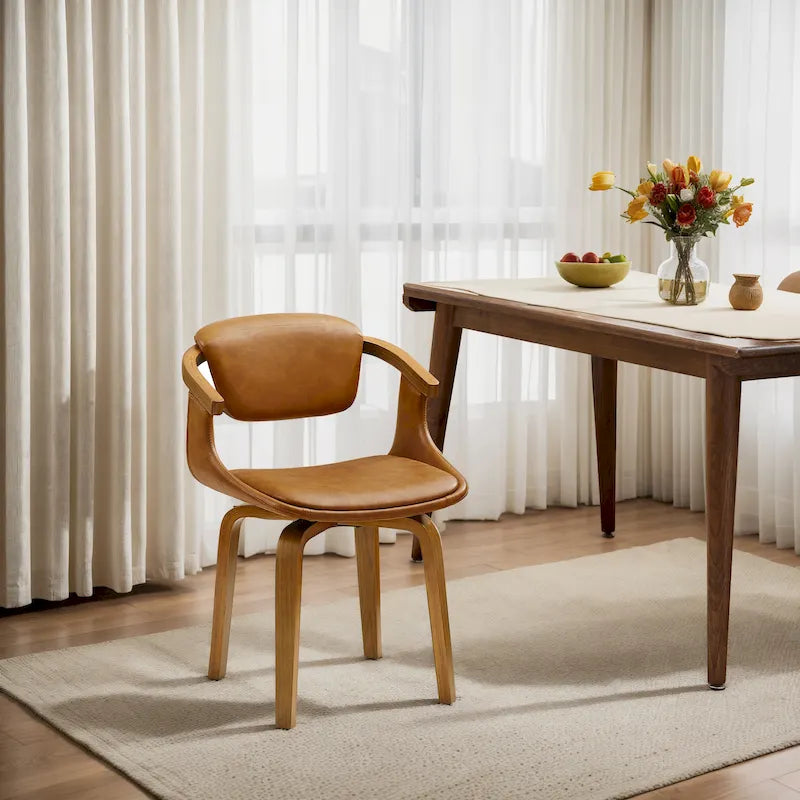 Sedia da pranzo girevole a 360° Mid-Century Modern con schienale curvo e braccioli incassati – Ecopelle / Tessuto, 8 colori, Singola