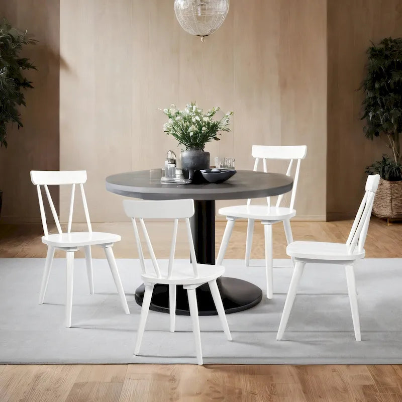 Sedia da Pranzo Senza Braccioli con Schienale a Fuso Stile Windsor, con Telaio in Legno di Gomma e Seduta Antiscivolo – Bianco / Nero