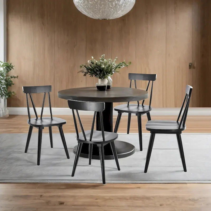 Sedia da Pranzo Senza Braccioli con Schienale a Fuso Stile Windsor, con Telaio in Legno di Gomma e Seduta Antiscivolo – Bianco / Nero