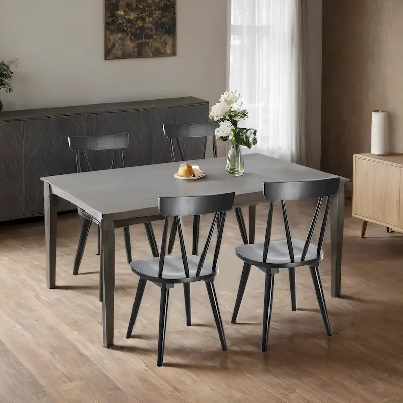 Sedia da Pranzo Senza Braccioli con Schienale a Fuso Stile Windsor, con Telaio in Legno di Gomma e Seduta Antiscivolo – Bianco / Nero