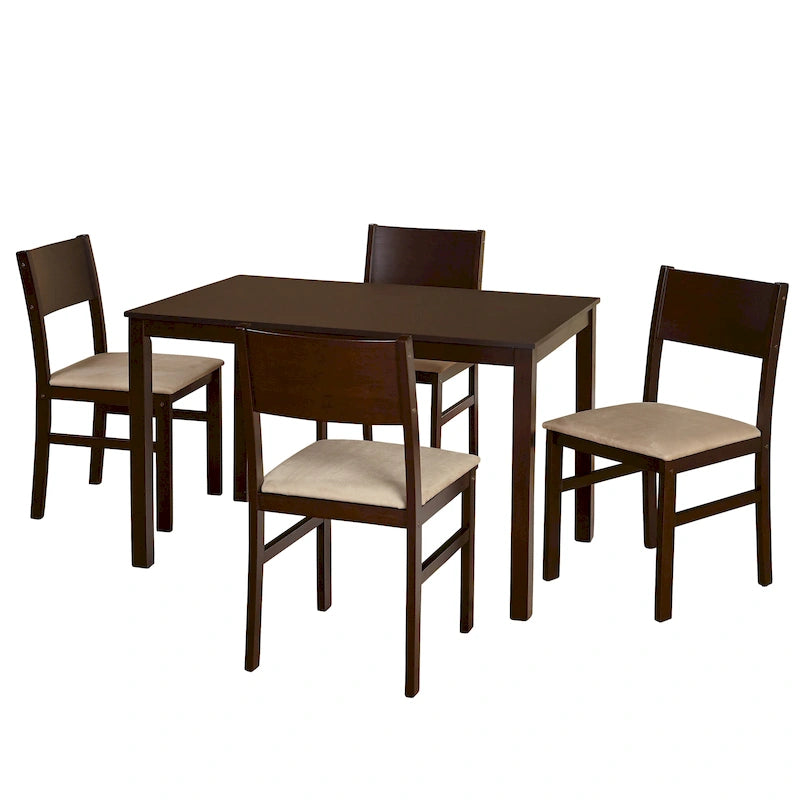 Set da pranzo in legno di gomma massiccio con sedie imbottite – Bianco / Espresso, microfibra / similpelle, 4 posti