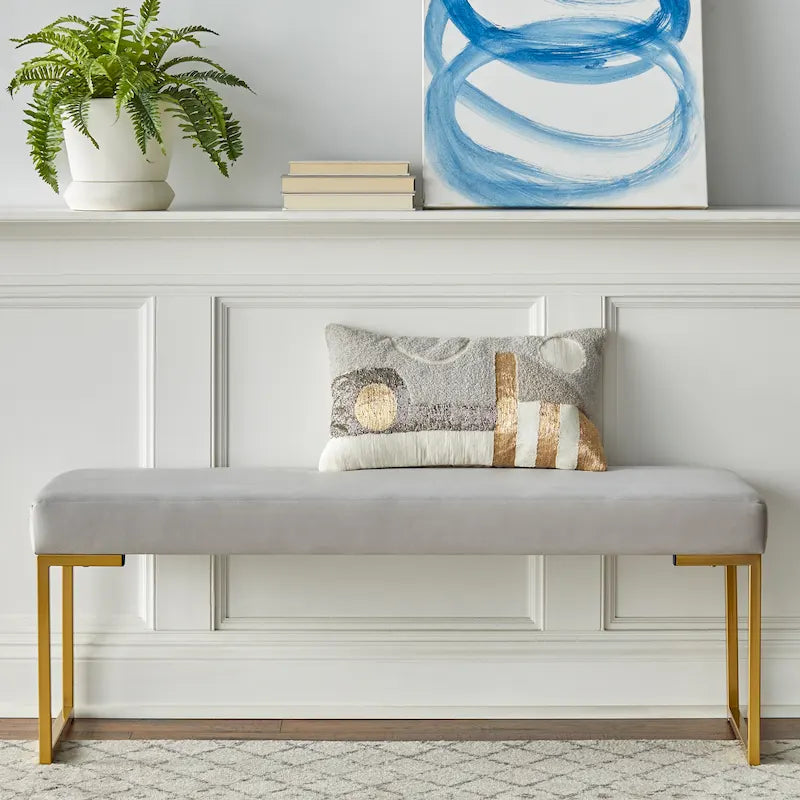 Panca imbottita in velluto con cuscino in schiuma e gambe a slitta in metallo color oro – Grigio / Bianco / Blu / Verde scuro, Singolo