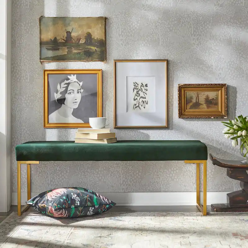 Panca imbottita in velluto con cuscino in schiuma e gambe a slitta in metallo color oro – Grigio / Bianco / Blu / Verde scuro, Singolo