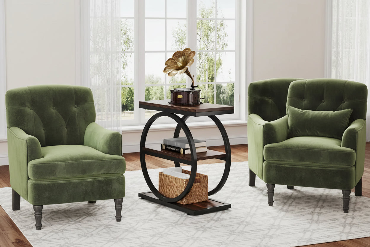 Narrow End Table with 3 Storage Shelves, Wood Side Table for Living Room