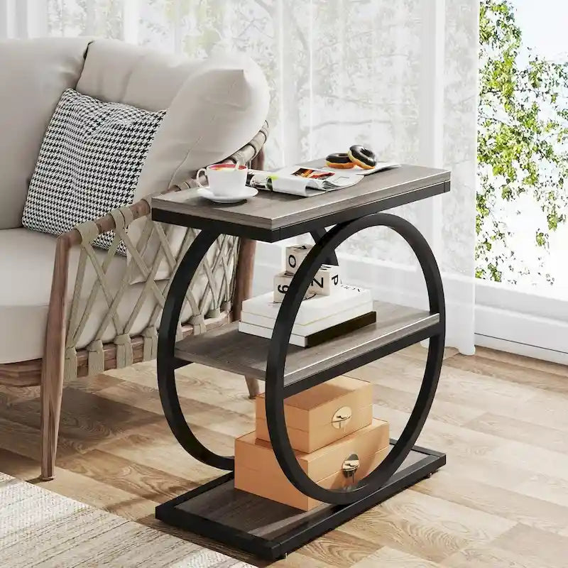 Tavolino Industriale Stretto a 3 Ripiani – Marrone / Grigio / Rovere / Giallo