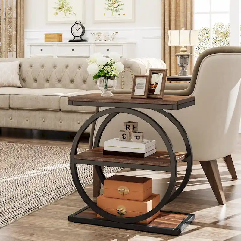 Tavolino Industriale Stretto a 3 Ripiani – Marrone / Grigio / Rovere / Giallo