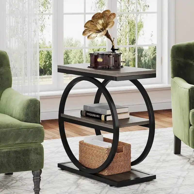 Tavolino Industriale Stretto a 3 Ripiani – Marrone / Grigio / Rovere / Giallo