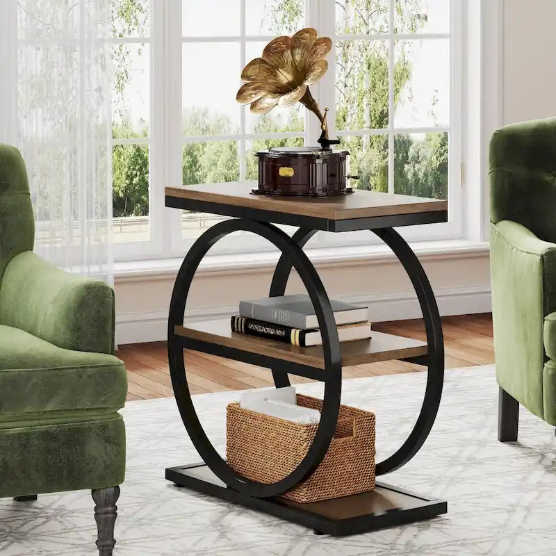 Tavolino Industriale Stretto a 3 Ripiani – Marrone / Grigio / Rovere / Giallo