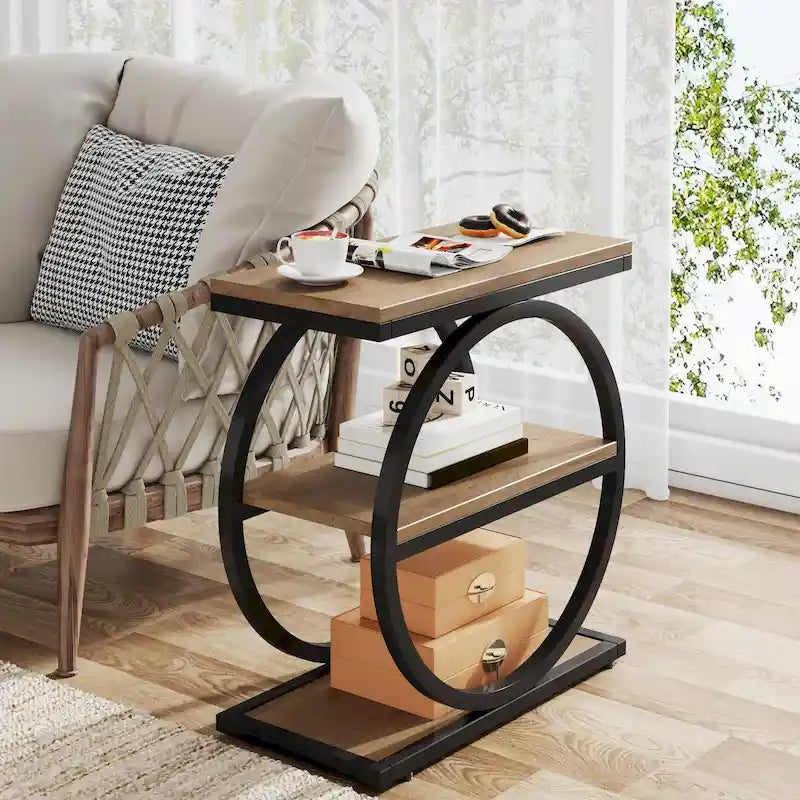Tavolino Industriale Stretto a 3 Ripiani – Marrone / Grigio / Rovere / Giallo