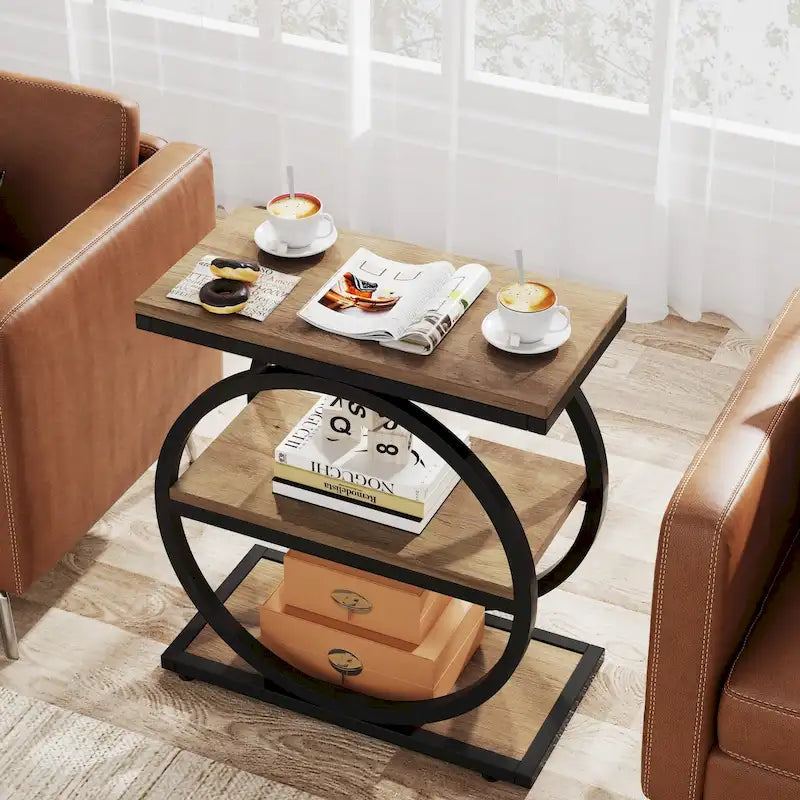 Tavolino Industriale Stretto a 3 Ripiani – Marrone / Grigio / Rovere / Giallo