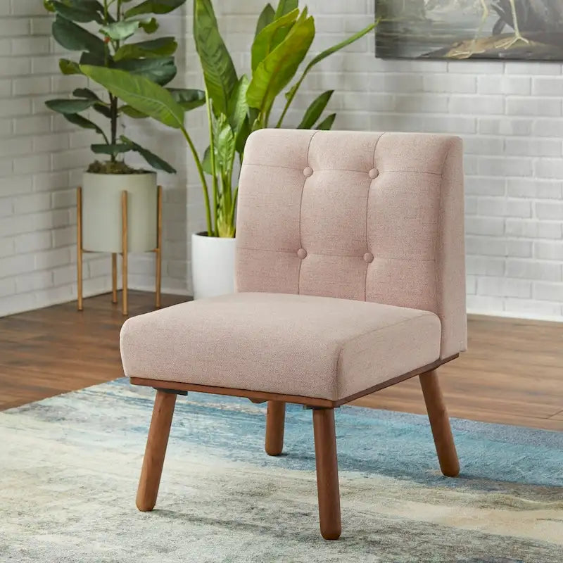 Poltrona d'Appoggio Capitonné senza Braccioli con Gambe in Legno di Gomma e Cuscino in Schiuma – Blu / Grigio / Beige / Rosa, Singola