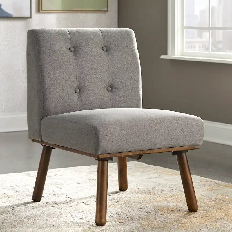 Poltrona d'Appoggio Capitonné senza Braccioli con Gambe in Legno di Gomma e Cuscino in Schiuma – Blu / Grigio / Beige / Rosa, Singola