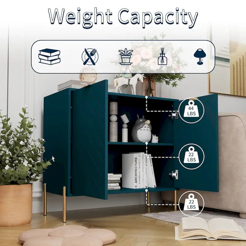 Mobile contenitore minimalista moderno a 2 ante con ripiano regolabile, gambe in metallo e maniglie dorate – Ciano scuro / Nero / Grigio / Blu / Bianco, Singolo