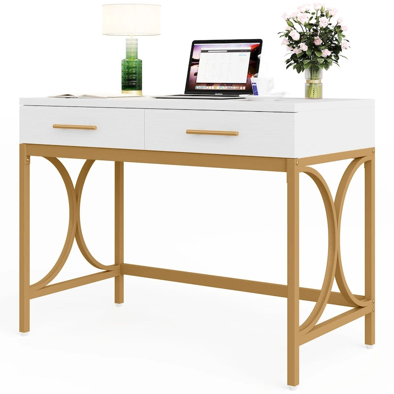Scrivania moderna con 2 cassetti – Bianco e oro / Bianco, singolo