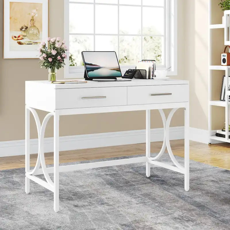 Scrivania moderna con 2 cassetti – Bianco e oro / Bianco, singolo