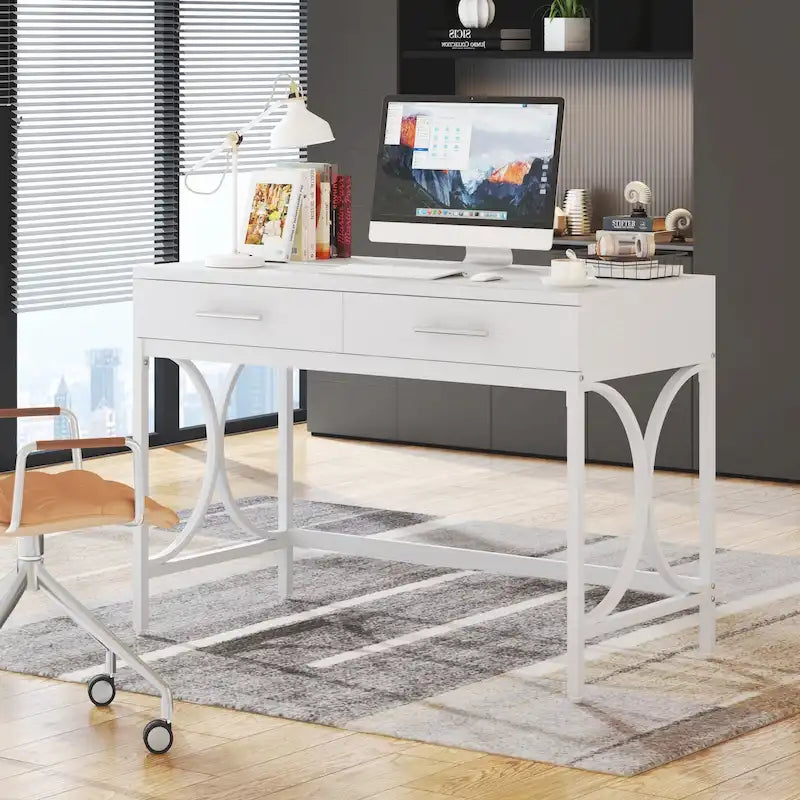 Scrivania moderna con 2 cassetti – Bianco e oro / Bianco, singolo