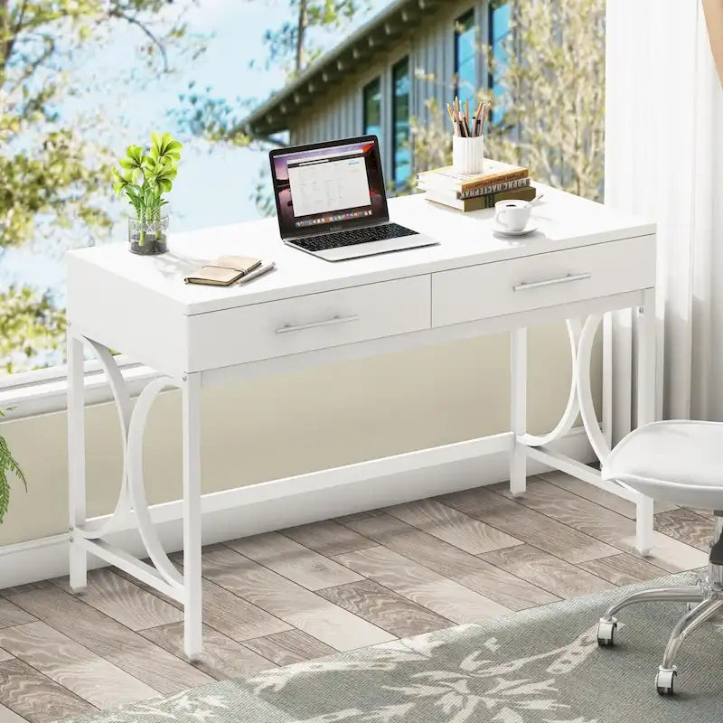 Scrivania moderna con 2 cassetti – Bianco e oro / Bianco, singolo