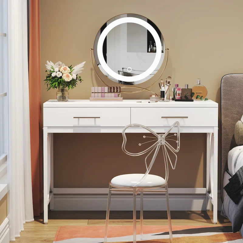 Scrivania moderna con 2 cassetti – Bianco e oro / Bianco, singolo