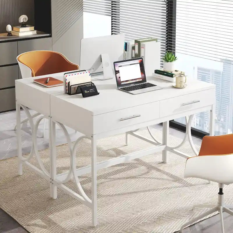 Scrivania moderna con 2 cassetti – Bianco e oro / Bianco, singolo