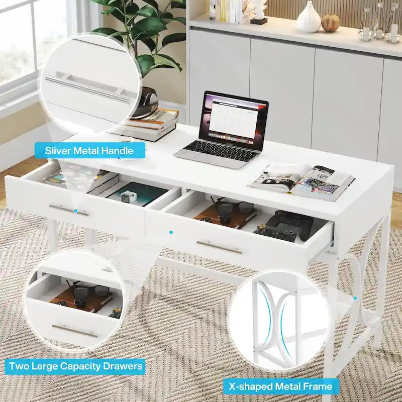Scrivania moderna con 2 cassetti – Bianco e oro / Bianco, singolo