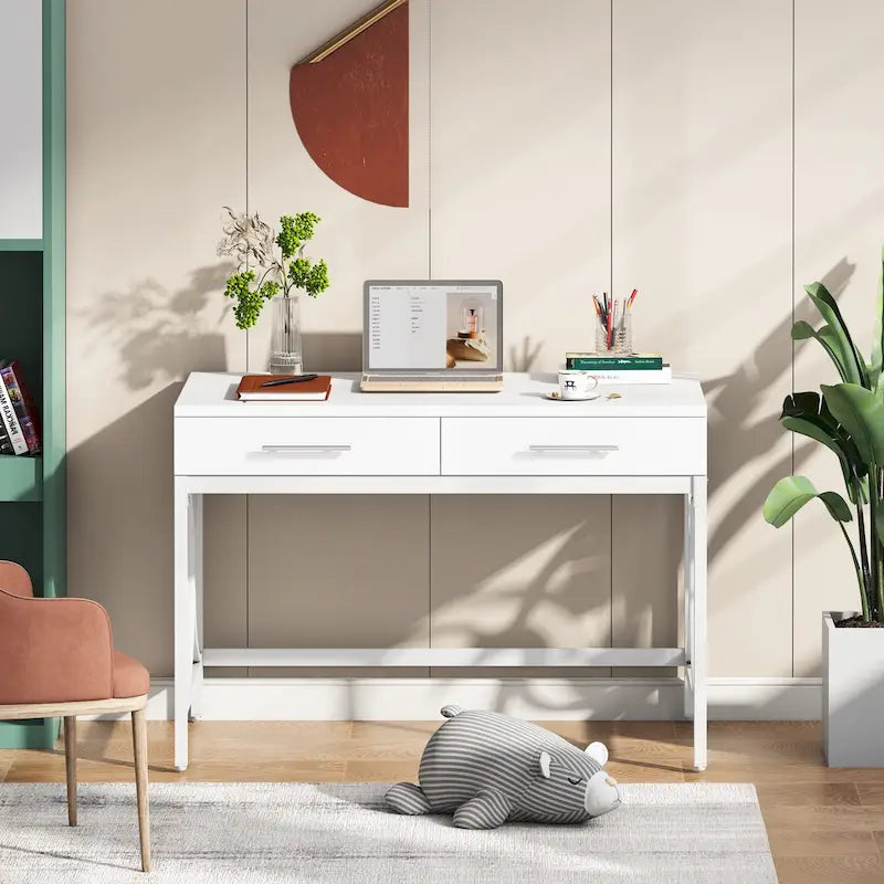 Scrivania moderna con 2 cassetti – Bianco e oro / Bianco, singolo