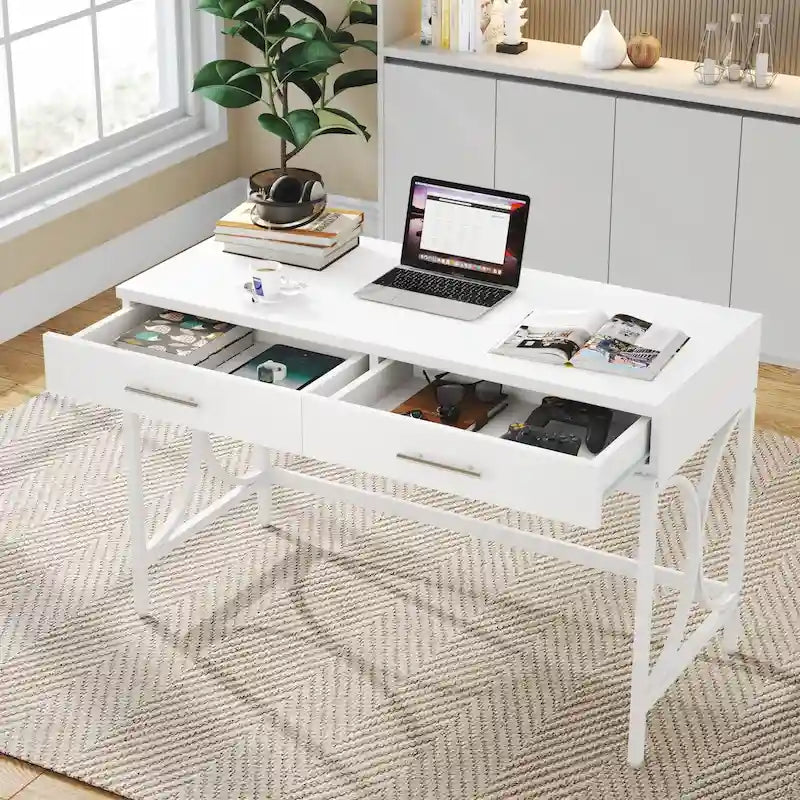 Scrivania moderna con 2 cassetti – Bianco e oro / Bianco, singolo