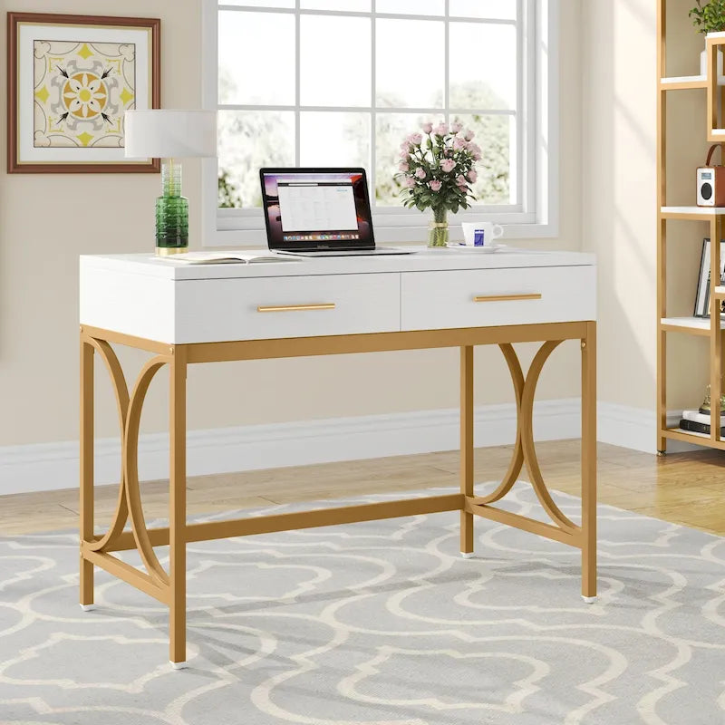 Scrivania moderna con 2 cassetti – Bianco e oro / Bianco, singolo