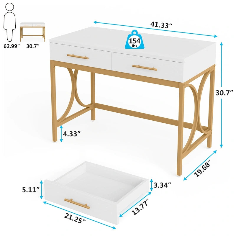 Scrivania moderna con 2 cassetti – Bianco e oro / Bianco, singolo
