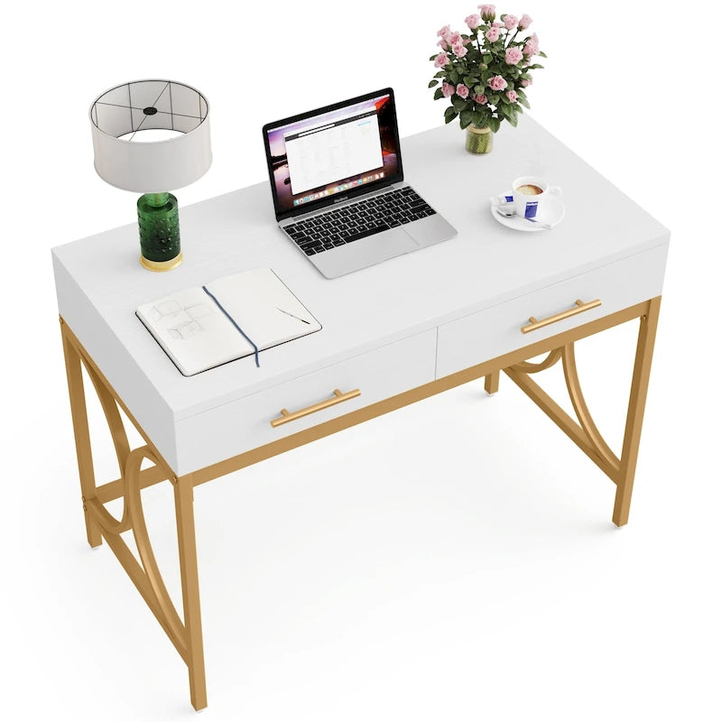Scrivania moderna con 2 cassetti – Bianco e oro / Bianco, singolo