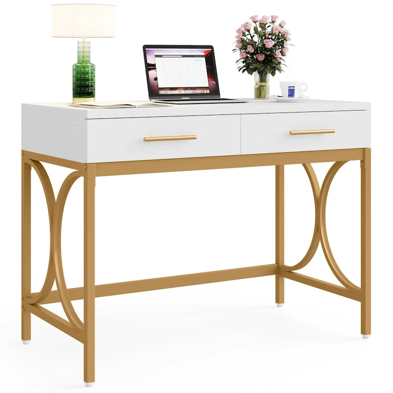 Scrivania moderna con 2 cassetti – Bianco e oro / Bianco, singolo