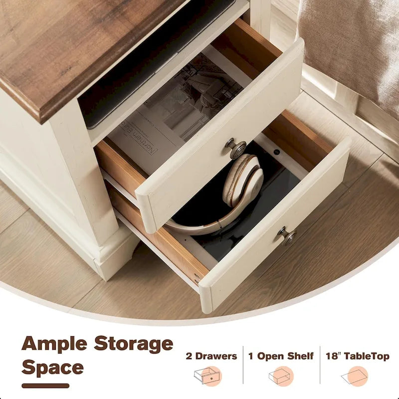 Comodino Vintage in Legno con Stazione di Ricarica – Ciliegio / Bianco Antico / Espresso / Rovere Naturale, Singolo