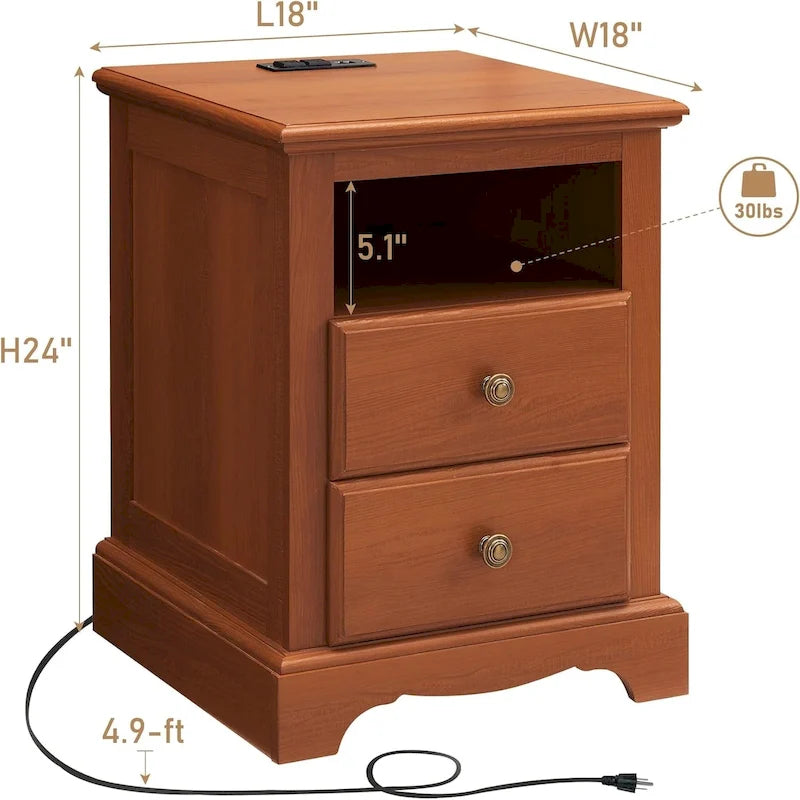 Comodino Vintage in Legno con Stazione di Ricarica – Ciliegio / Bianco Antico / Espresso / Rovere Naturale, Singolo